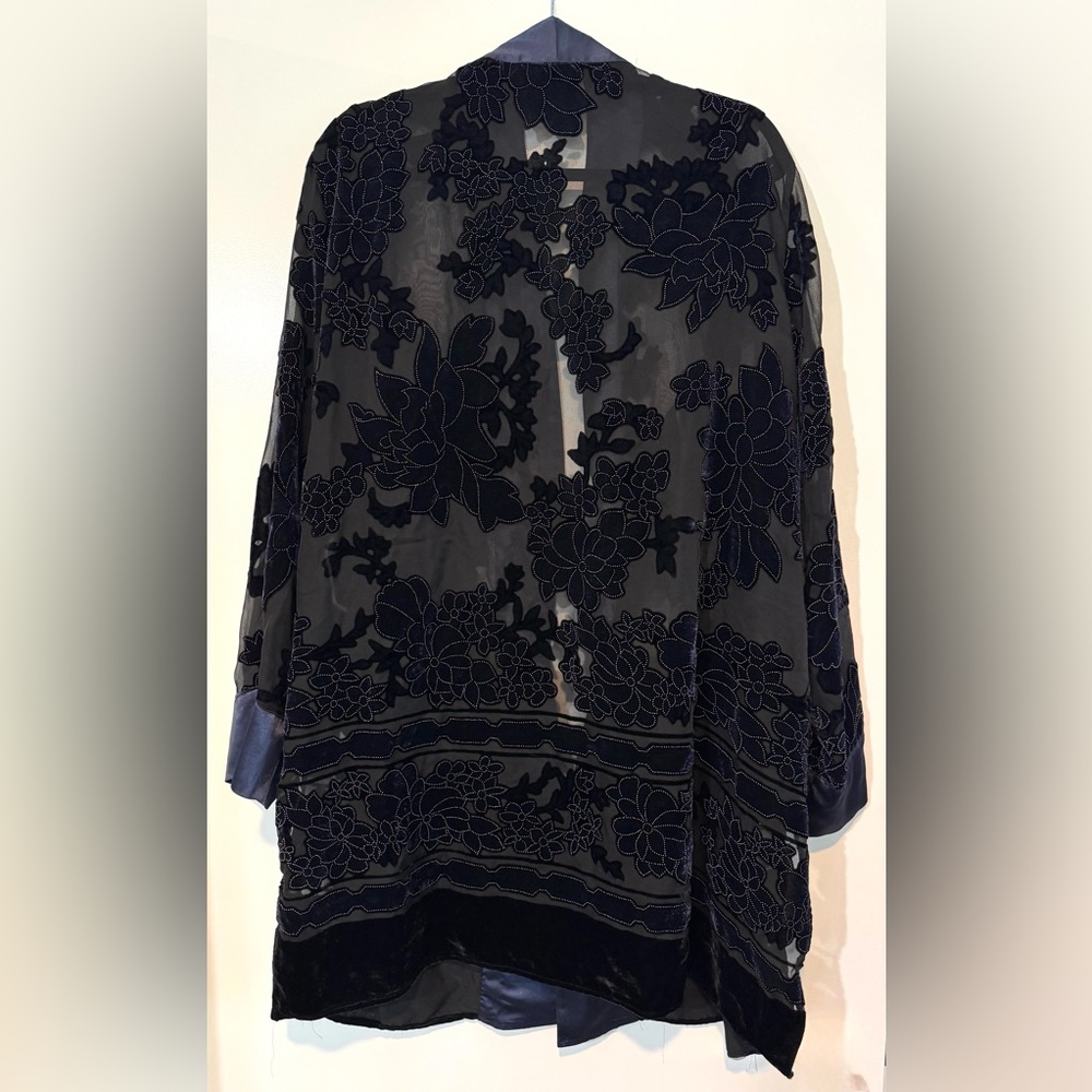 Coldwater Creek Velvet Burnout Floral Kimono Jacket Blue Trim 2X